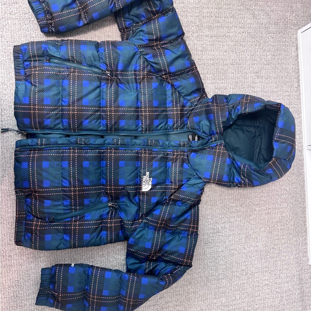 The North Face Blue and Black Plaid Puffer Jacket